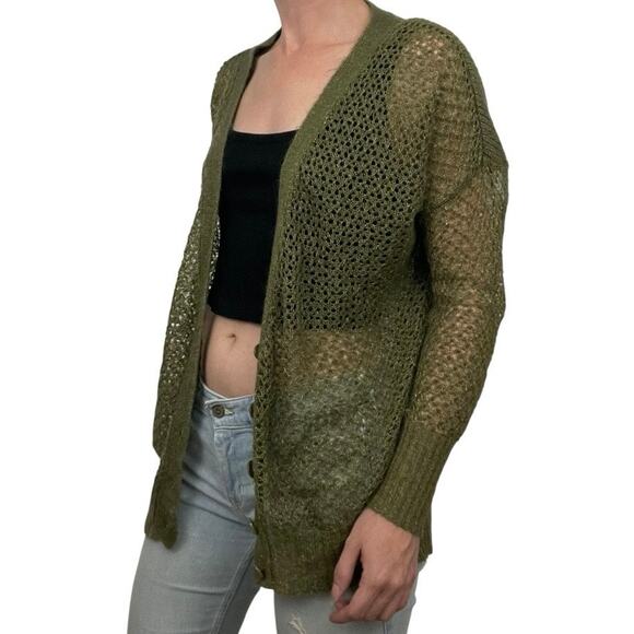 Kensie Olive Green & Gold Metallic Knit Button Down Cardigan Sweater - Picture 3 of 9